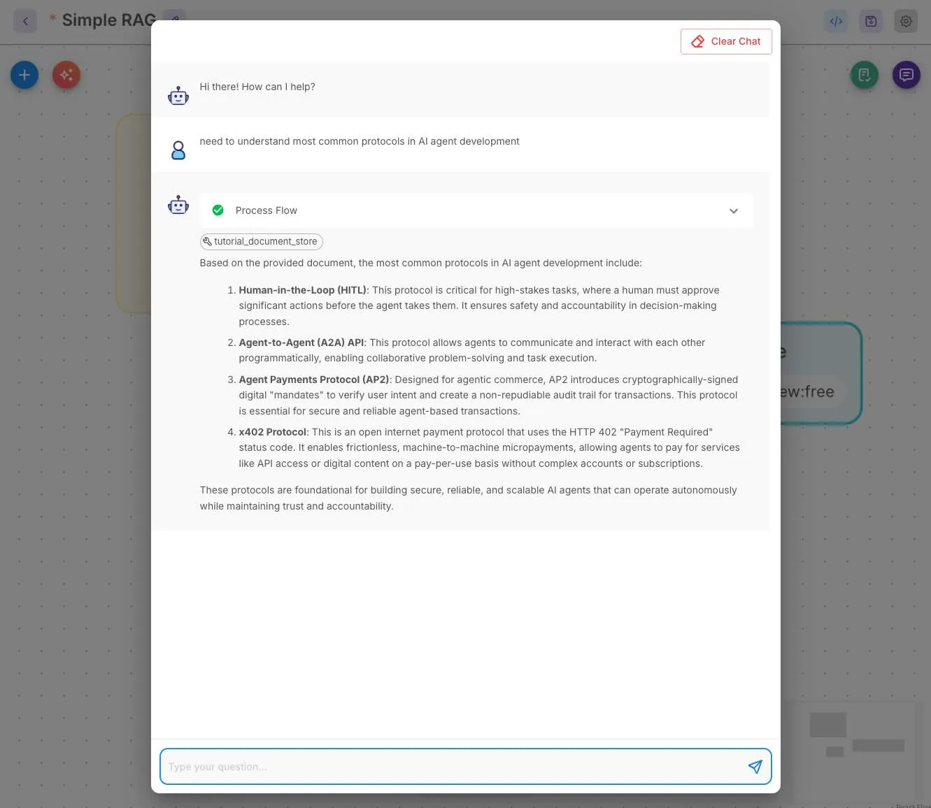 Chronos RAG agent answering a question grounded in the indexed document Chronos chat widget showing a Document Store tool call in a RAG response