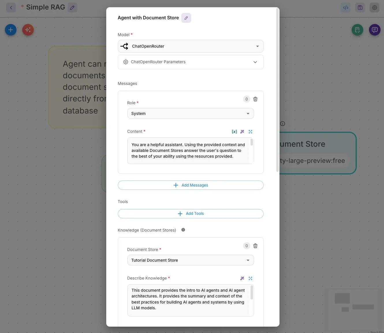 Agent settings panel with the Document Store description guiding tool use Chronos Agent settings with Document Store description filled in