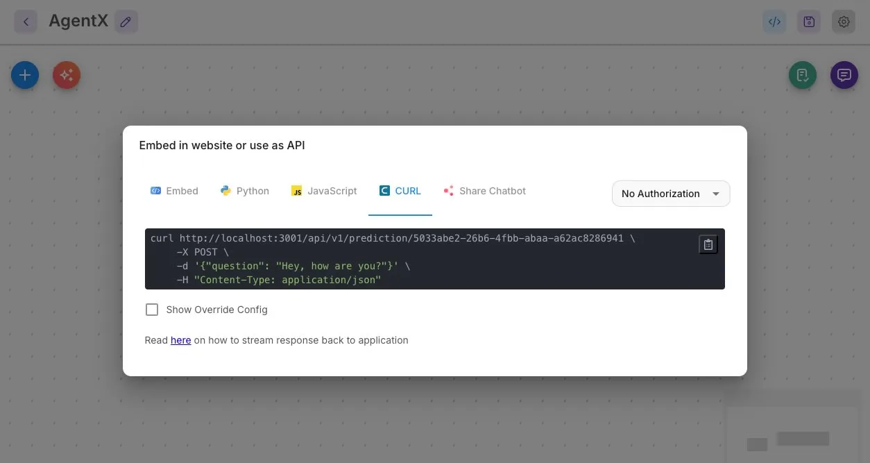 Chronos Integration widget showing a CURL example for the canvas agent