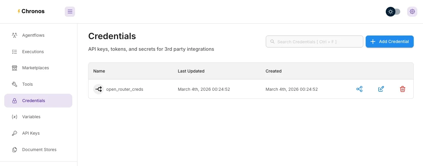 Chronos Credentials store list view