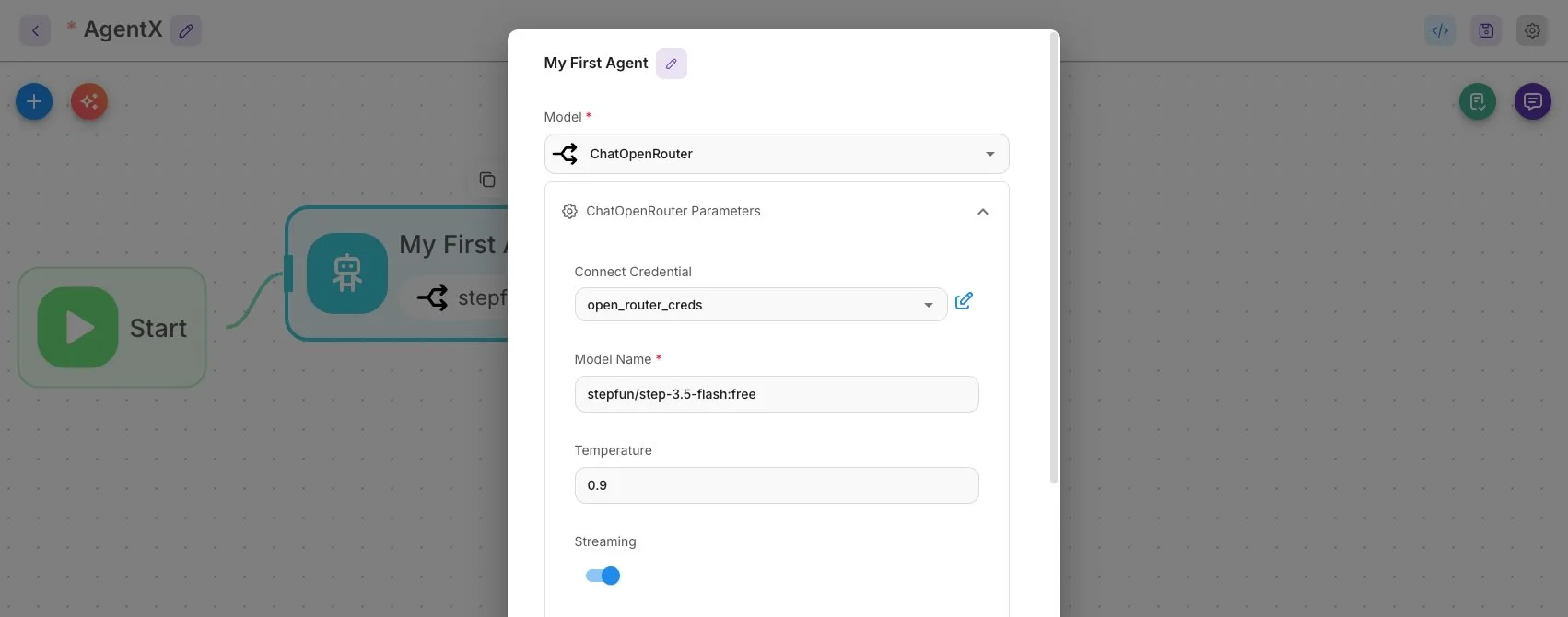 Chronos Agent node configured with the ChatOpenRouter model